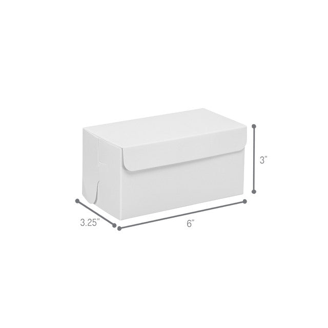 White bakery box with tuck top design, clean and sturdy construction, 6 inches by 3.25 inches by 3 inches, ideal for small pastries, cookies, and treats
