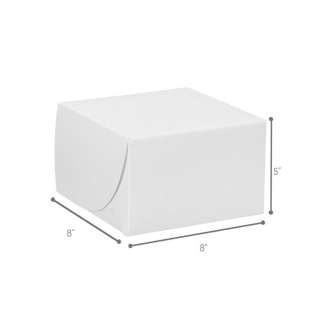 White bakery box with tuck top design, sturdy and clean look, 8 inches by 8 inches by 5 inches, ideal for cakes, pastries, and baked goods