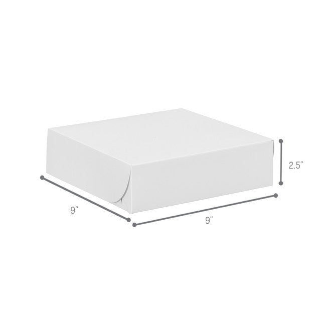 White bakery box with tuck top design, clean and sturdy construction, 9 inches by 9 inches by 2.5 inches, ideal for pies, tarts, and pastries