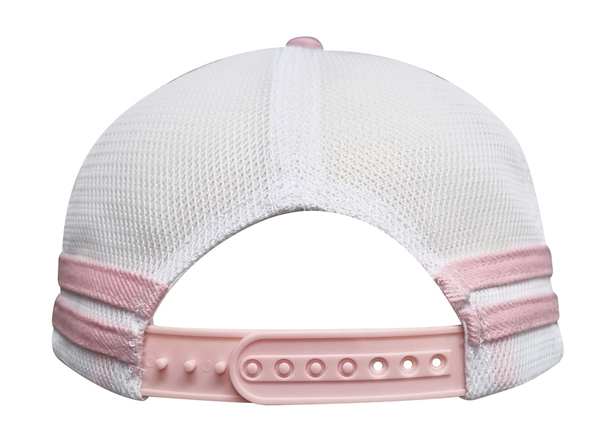 Back view of white mesh trucker hat with pink stripes and adjustable pink snapback closure
