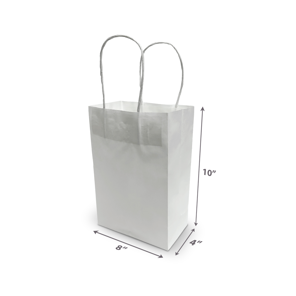 White Paper Shopping Bags - Petite Size 250pcs per Box - 8"W x 4"D x 10"H