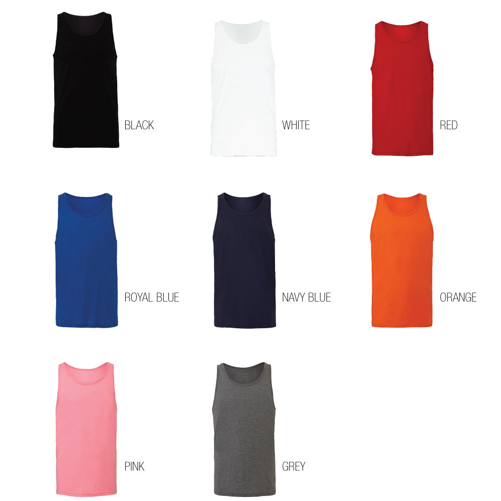 Bella & Canvas Jersey Tank 3480 unisex displayed in eight color options: black, white, red, royal blue, navy blue, orange, pink, and grey.