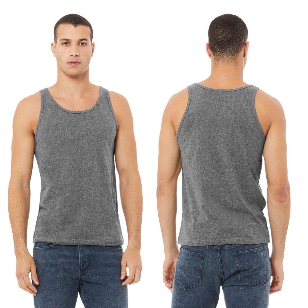 Bella & Canvas Jersey Tank 3480 unisex in grey, shown from both front and back views, worn by a man in blue jeans.