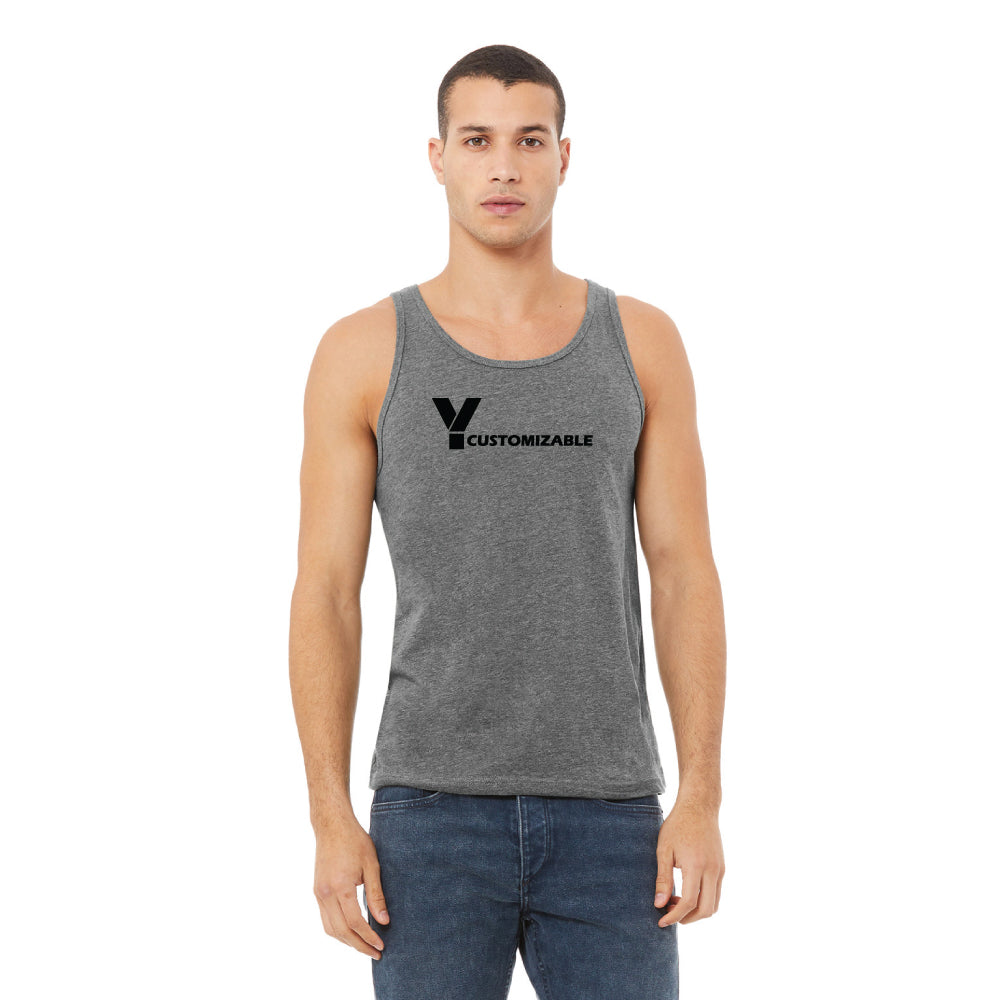 Bella & Canvas Jersey Tank 3480 unisex in grey, featuring a black customizable logo design on the chest, worn by a man in blue jeans.