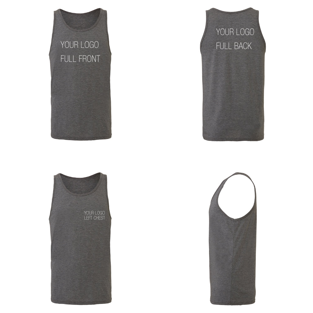 Bella & Canvas Jersey Tank 3480 unisex in grey showing four logo placement options: full front, full back, left chest, and left side view.