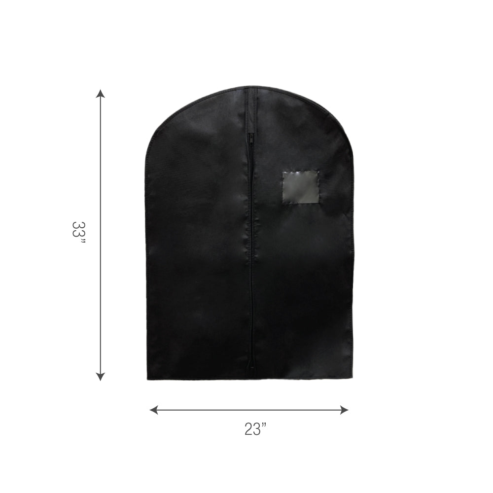 Black non-woven garment bag measuring 23 inches wide by 33 inches tall, shown with dimensions for size reference.