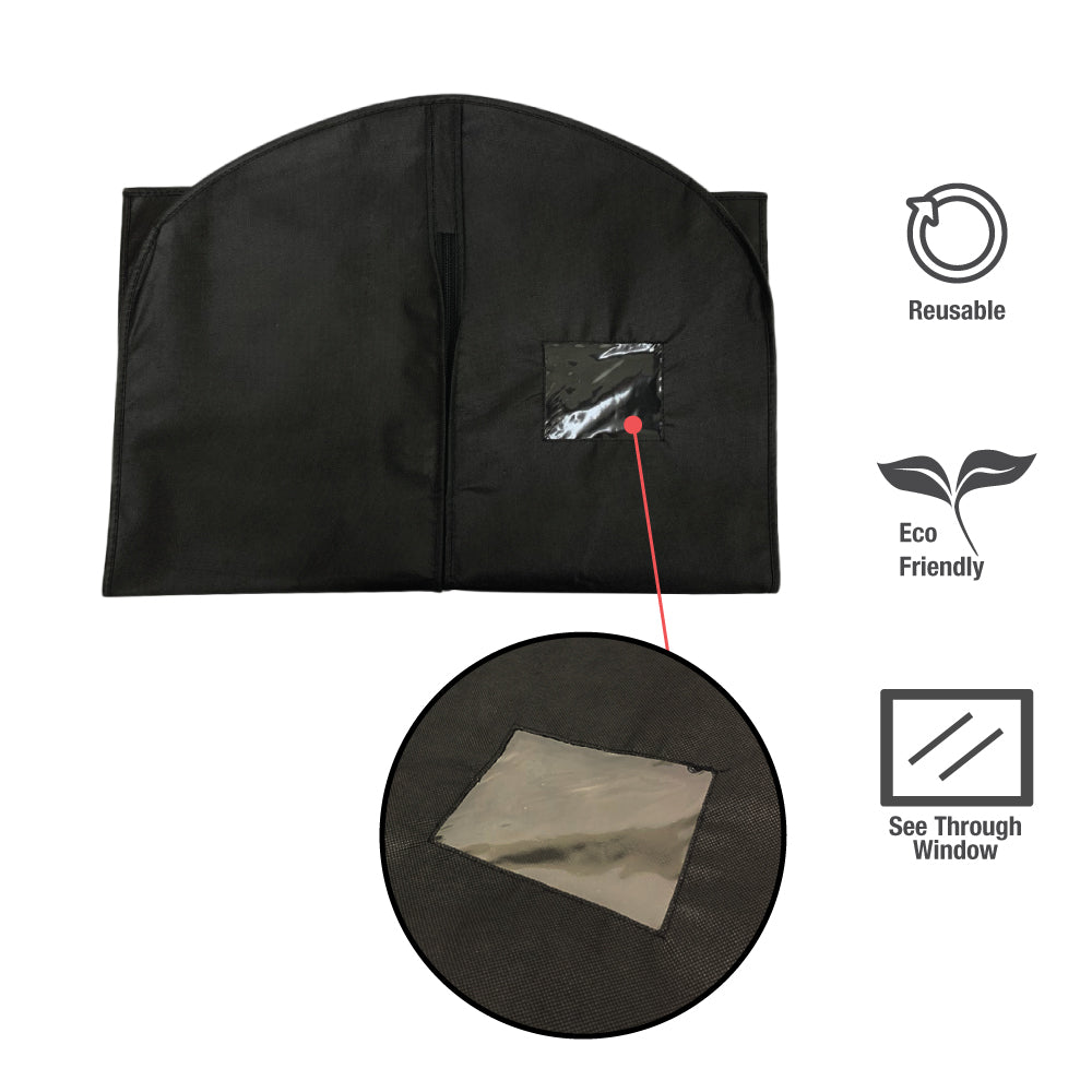 Foldable black non-woven garment bag with see-through window, reusable and eco-friendly design, with close-up view of transparent window feature.