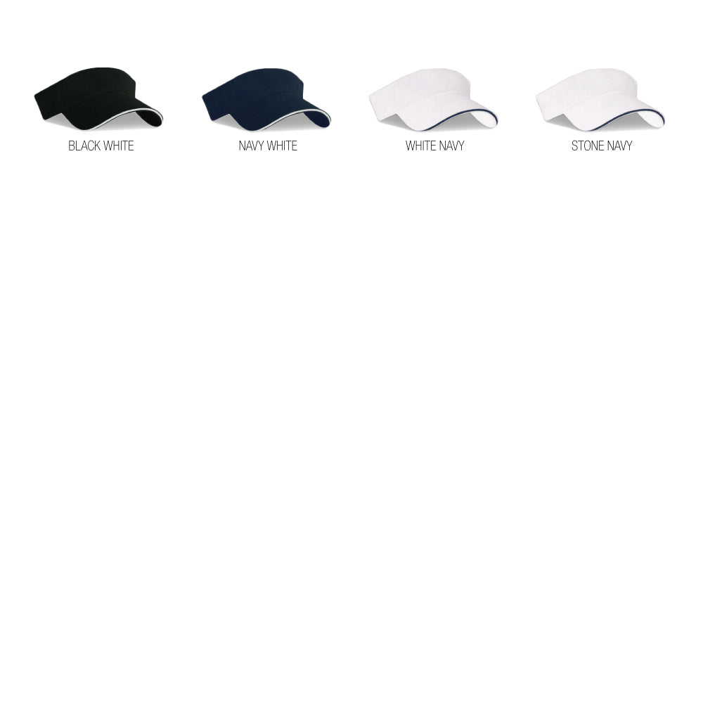 Four color options of brushed cotton twill sandwich visor displayed: black with white trim, navy with white trim, white with navy trim, and stone with navy trim.
