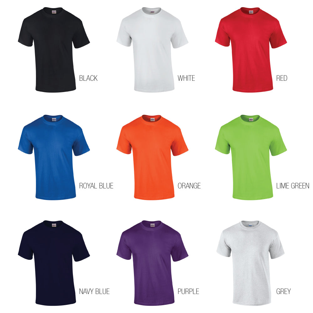 Assorted plain men’s t-shirts in various colors including black, white, red, royal blue, orange, lime green, navy blue, purple, and grey, suitable for custom printing or casual wear.