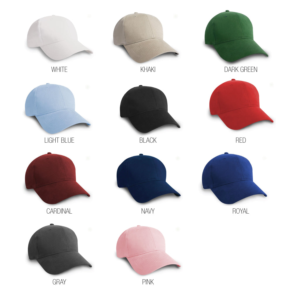 Assorted colors of constructed brushed cotton twill caps including white, khaki, dark green, light blue, black, red, cardinal, navy, royal, gray, and pink with velcro closure option.
