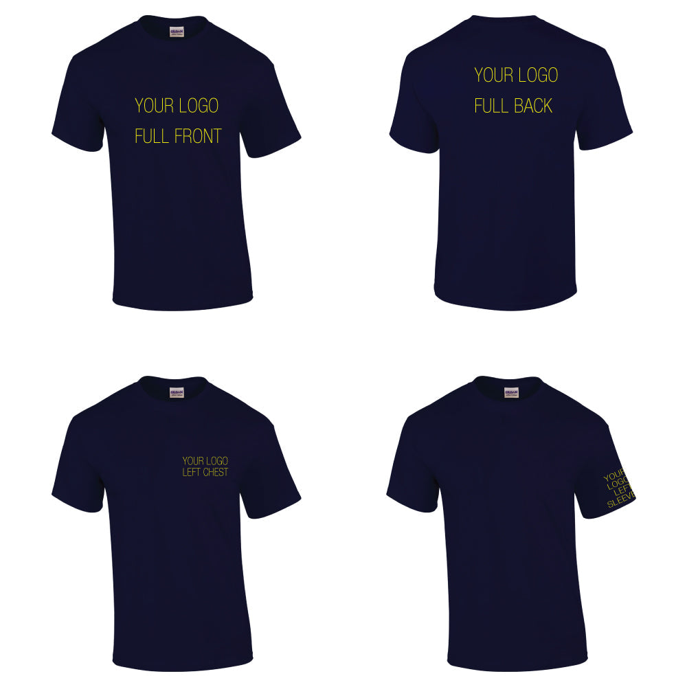 Navy blue t-shirts showing custom logo placement options: full front print, full back print, left chest logo, and left sleeve logo.