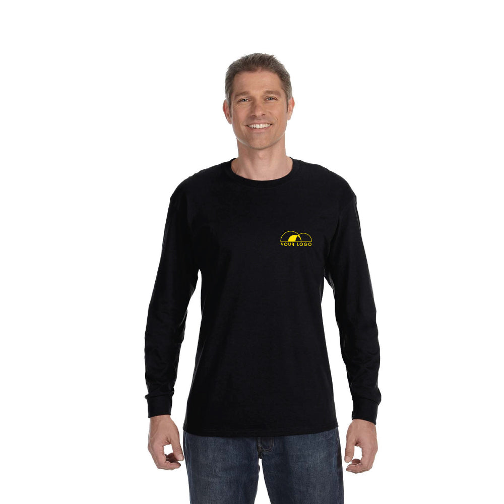 Adult male model wearing a black Gildan Heavy Cotton long-sleeve t-shirt G540 with custom logo on left chest, suitable for promotional or corporate apparel.