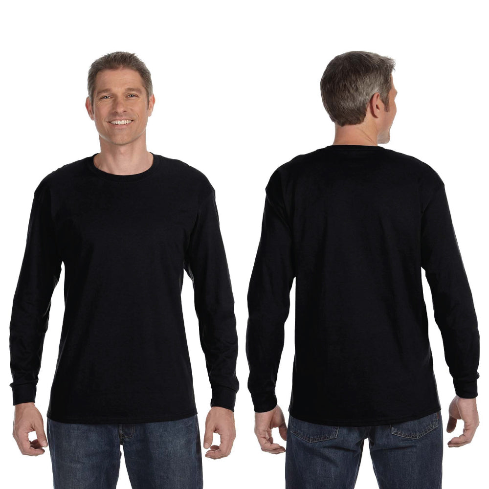 Front and back view of adult male model wearing black Gildan Heavy Cotton long-sleeve t-shirt G540, ideal for custom printing or promotional wear.