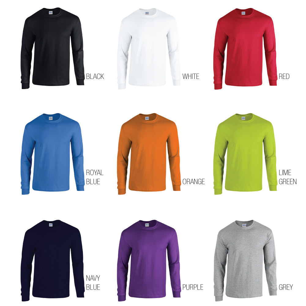 Collection of Gildan Heavy Cotton long-sleeve t-shirts G540 in various colors including black, white, red, royal blue, orange, lime green, navy blue, purple, and grey, displayed for promotional or custom printing use.
