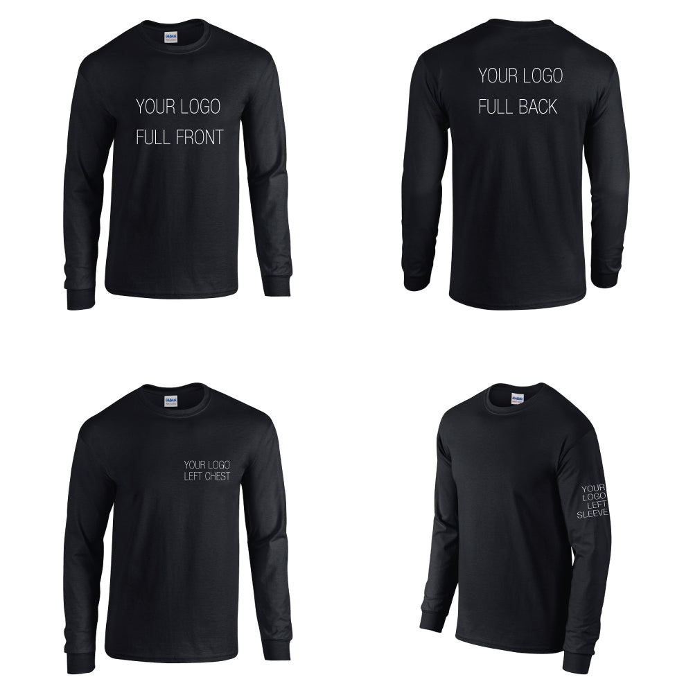 Gildan Heavy Cotton long-sleeve t-shirts G540 in black, shown with sample print locations: full front, full back, left chest, and left sleeve placement options for custom logos.
