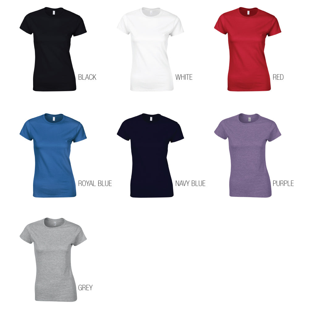 Gildan Softstyle® T-Shirt G640L for ladies displayed in seven colors: black, white, red, royal blue, navy blue, purple, and grey.
