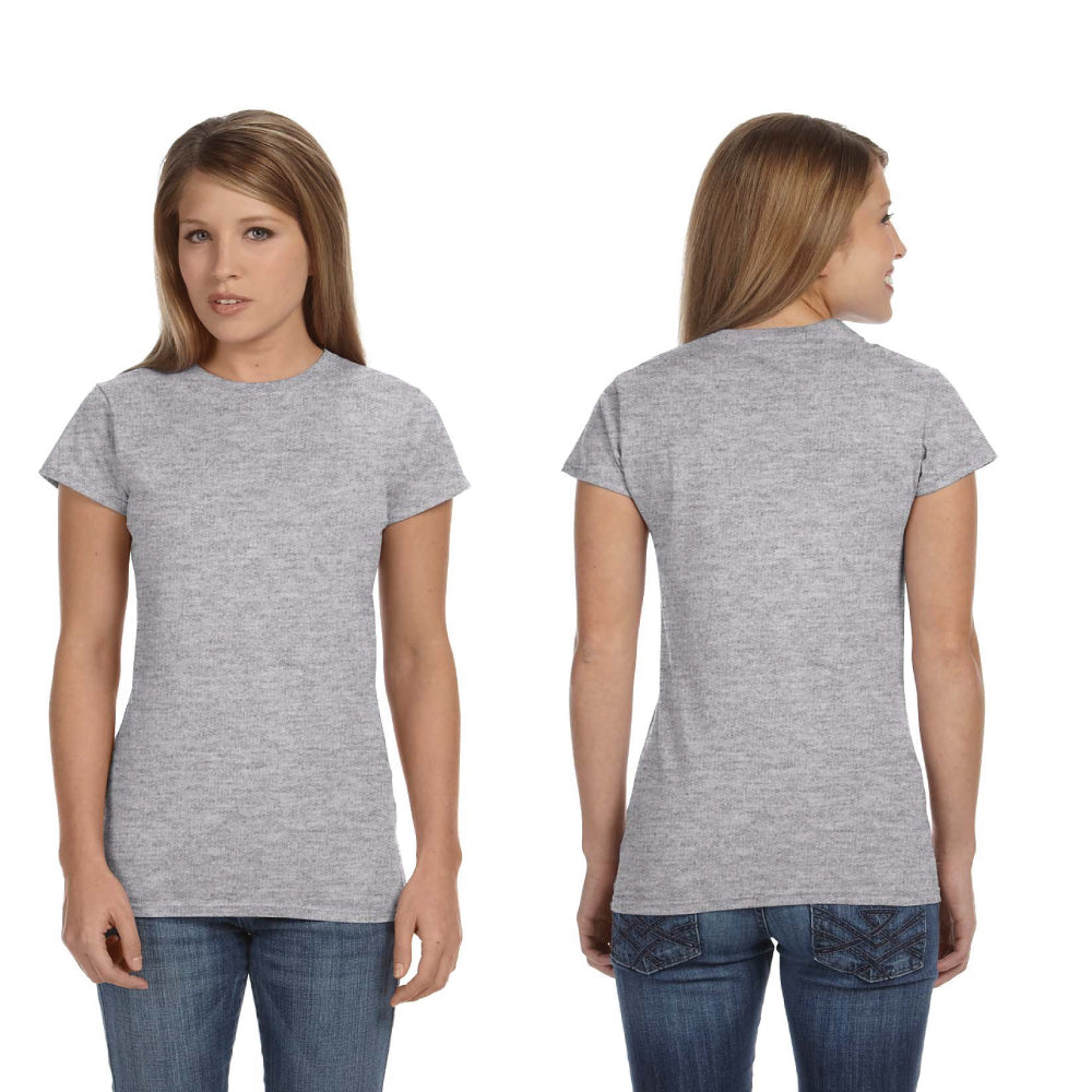 Gildan Softstyle® T-Shirt G640L for ladies in grey, shown from both front and back views, worn by a woman in blue jeans.