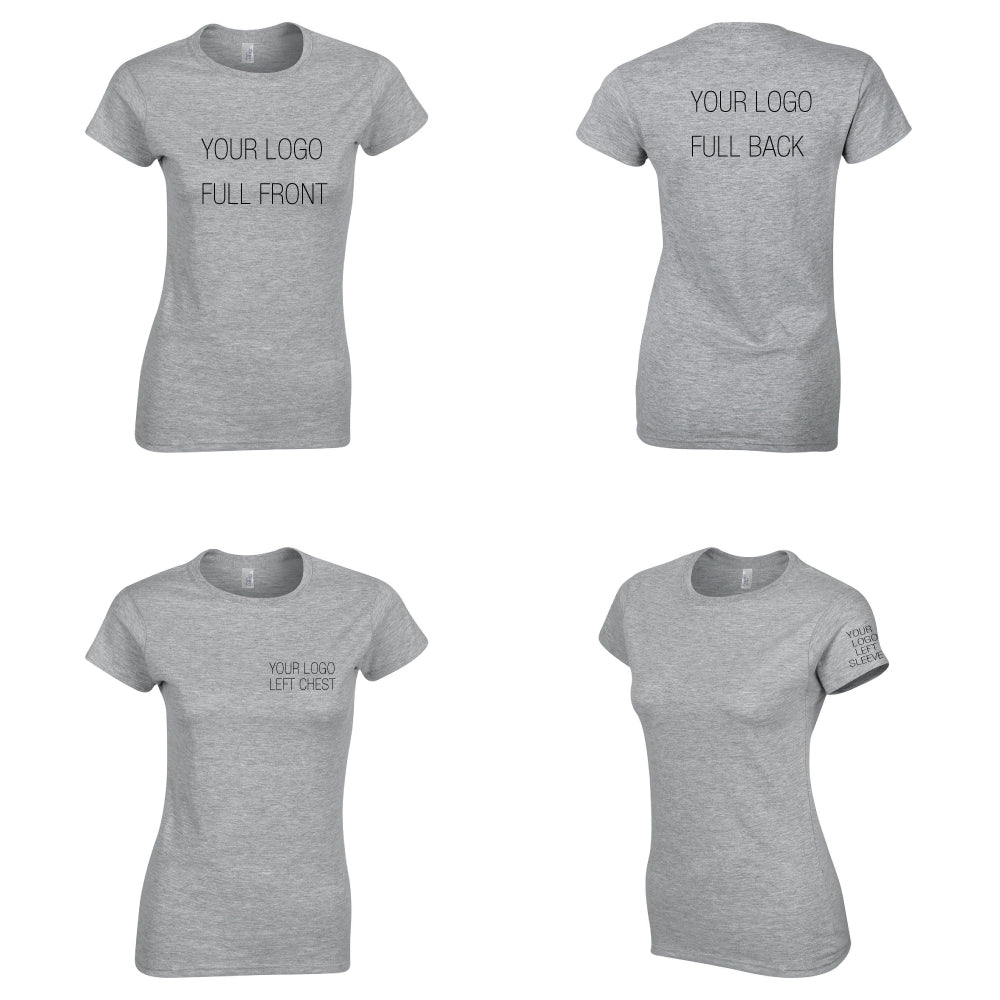 Gildan Softstyle® T-Shirt G640L for ladies in grey showing four logo placement options: full front, full back, left chest, and left sleeve.