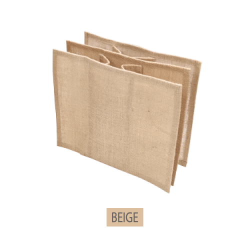 Blank natural jute bag with six bottle dividers, measuring 13 inches wide by 13 inches high, ideal for eco-friendly wine or beverage packaging.