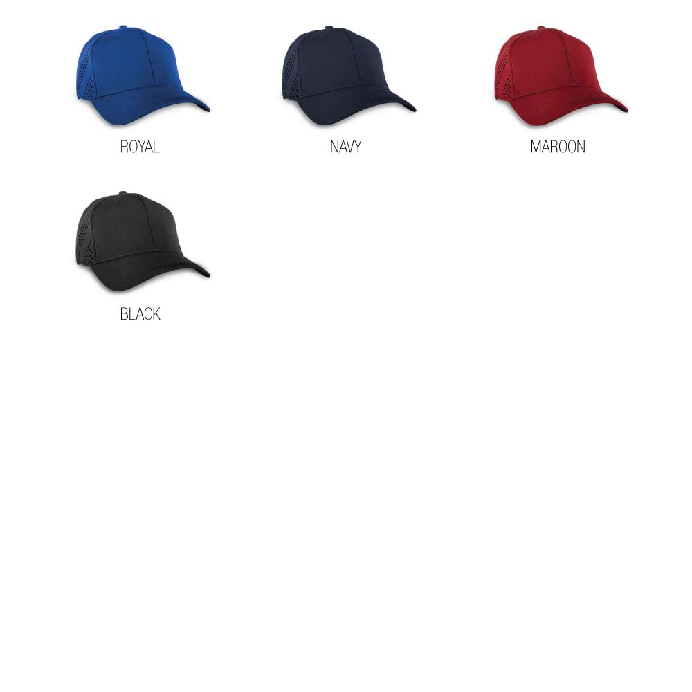 Nu-Fit® Performance Laser Cut Caps shown in four color options: royal blue, navy, maroon, and black, each with laser-cut ventilation on the sides and curved brims.