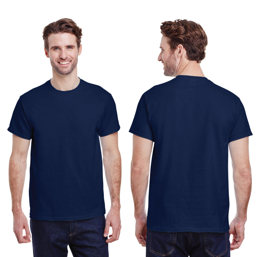 Plain navy blue men’s t-shirt displayed with front and back views, ideal for custom printing, branding, or casual wear.
