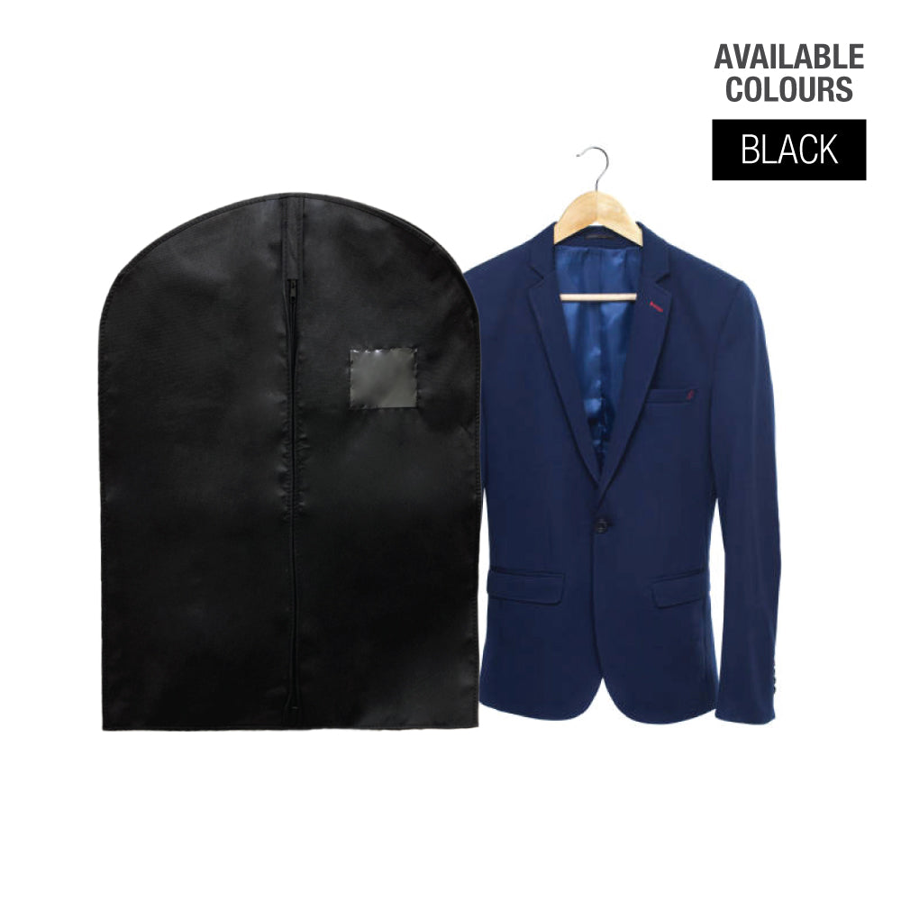 Plain black non-woven garment bag 23" x 33" displayed next to a navy suit jacket on a hanger, bulk pack of 10 pieces.