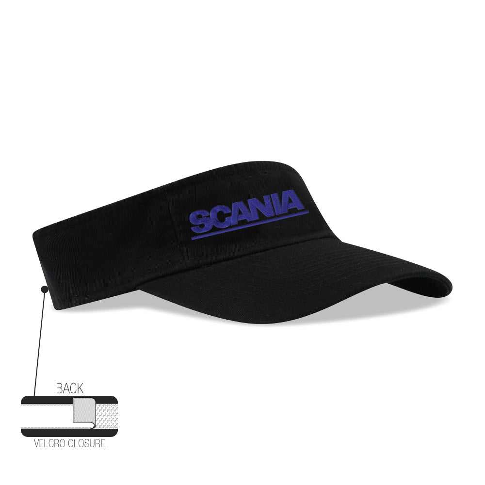 Washed cotton twill visor in black featuring a purple SCANIA logo on the front, with Velcro closure at the back.
