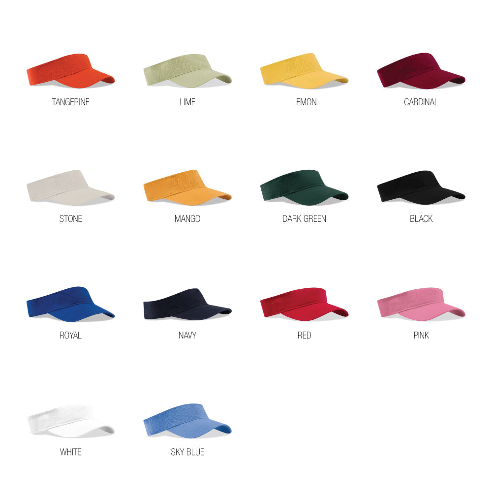 Washed cotton twill visor shown in fifteen color options: tangerine, lime, lemon, cardinal, stone, mango, dark green, black, royal, navy, red, pink, white, and sky blue.