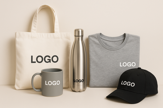 Branded tote bag, mug, water bottle, t-shirt, and cap with custom logo on beige background.