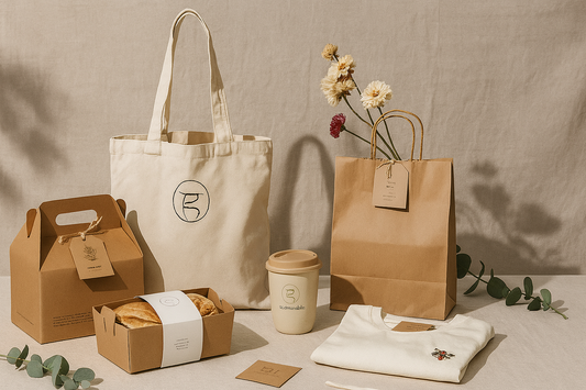 Eco-friendly tote bag, bakery boxes, and reusable items styled on a neutral background with natural accents.