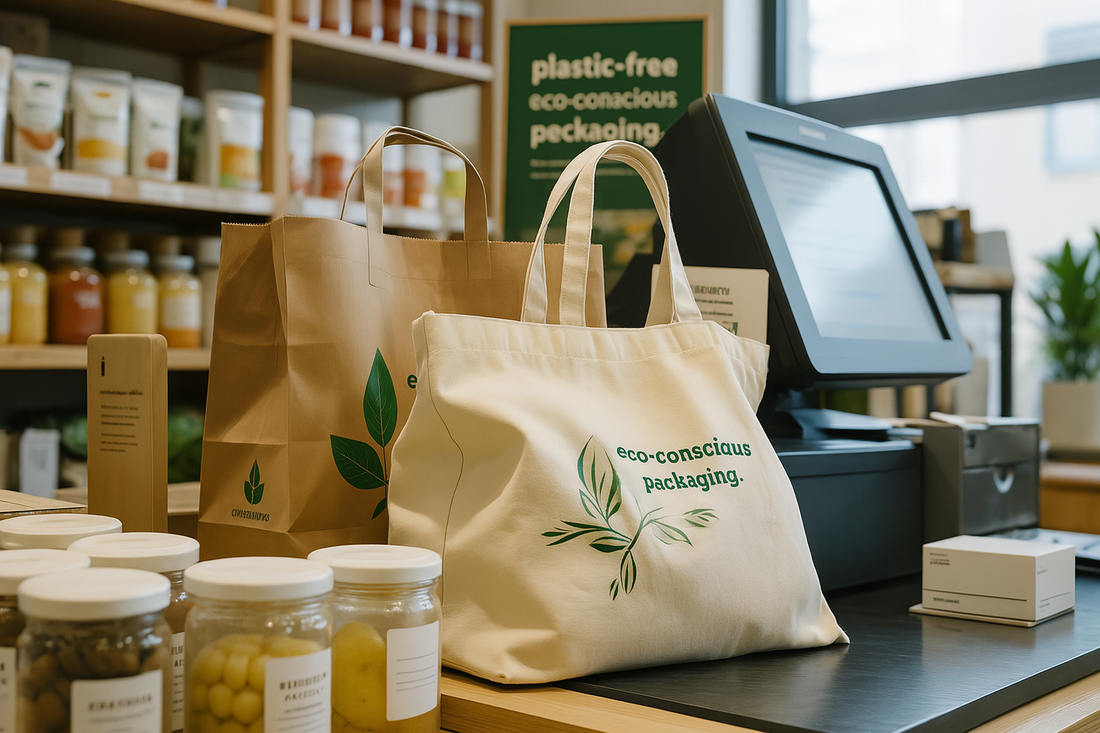 Reusable canvas tote and kraft paper shopping bags on a checkout counter in an eco-conscious retail store, with glass jars of organic products and a sign promoting plastic-free packaging in the background.