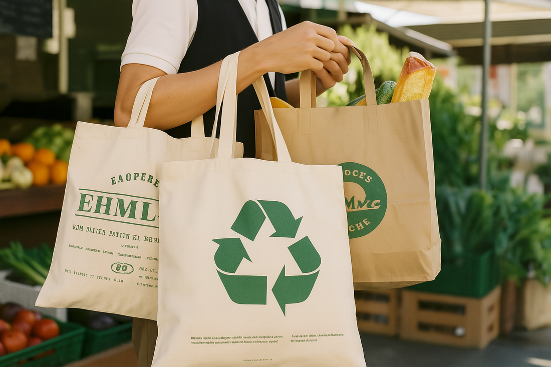 A person holding two reusable grocery bags—one canvas with a green recycling symbol and one brown paper bag—while shopping at an outdoor market filled with fresh fruits and vegetables.