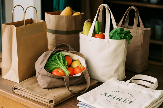 Reusable paper and canvas bags on a wooden table with fresh produce.