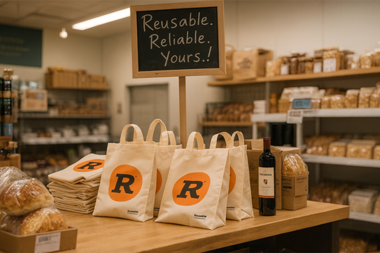 Reusable tote bags with bold orange logos displayed on a wooden counter in a grocery store, with bread and wine nearby under a chalkboard sign that reads “Reusable. Reliable. Yours.!”