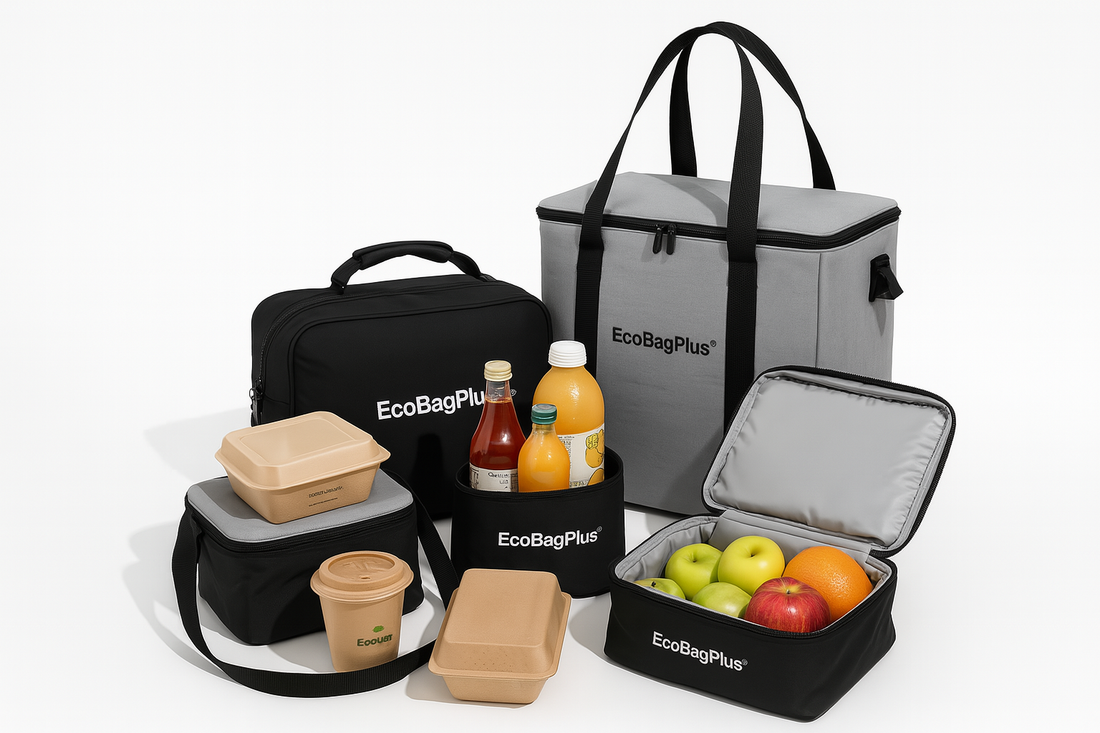 Professional flat lay of EcoBagPlus® insulated lunch bags in various sizes and colors, displayed with reusable food containers, juice bottles, coffee cup, and fresh fruits, against a clean white background.