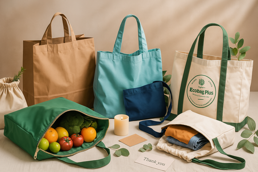 Colorful eco-friendly reusable bags, including kraft paper, canvas, and insulated tote styles, arranged with groceries, folded clothes, and greenery on a soft beige background.