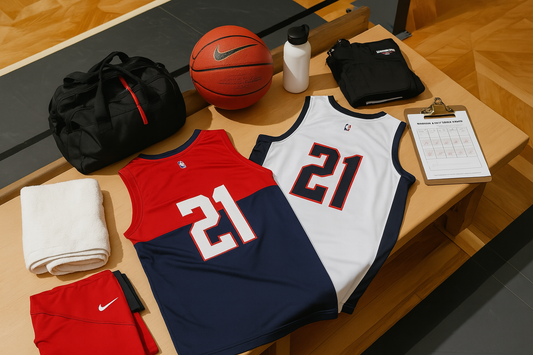 A wide flat lay photograph of custom basketball jerseys, red and white with the number 21, displayed with a basketball, gym bag, water bottle, towel, red shorts, and a clipboard on a wooden bench in a sports facility.