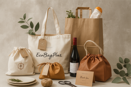 Eco-friendly packaging set with canvas tote, paper bag, drawstring pouches, and wine bottle on neutral background.