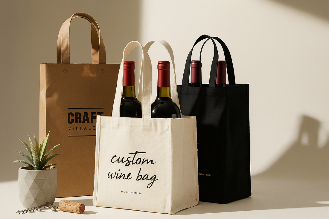 Three wine bags with bottles, styled on a minimal background with a plant and corkscrew.