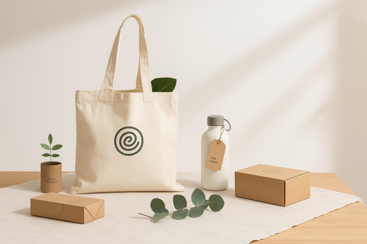 Eco-friendly canvas tote bag with green logo, reusable water bottle, kraft boxes, and eucalyptus leaves on a linen-covered wooden table.