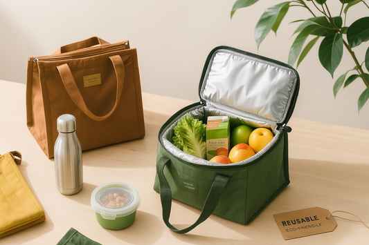Eco-friendly insulated thermal lunch bag filled with fresh produce, surrounded by reusable containers, a stainless steel bottle, and additional cooler bags on a wooden table.