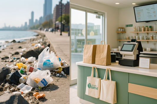 Plastic pollution on the shoreline vs. eco-friendly bags at the store checkout.