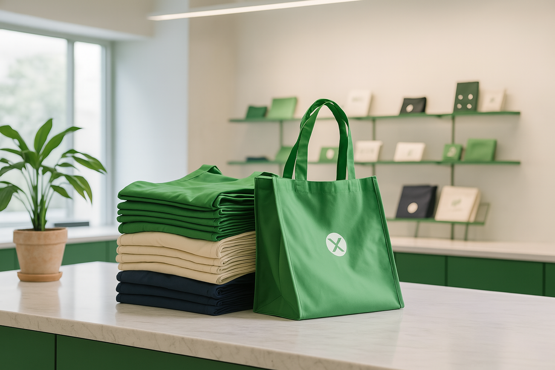 A stack of green, beige, and navy reusable T-shirt shopping bags is neatly folded on a white countertop in a modern retail store with minimalist decor.