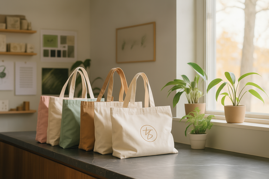 Five pastel-colored canvas tote bags neatly arranged on a countertop in a sunlit room with green potted plants, conveying an eco-friendly and stylish retail atmosphere.