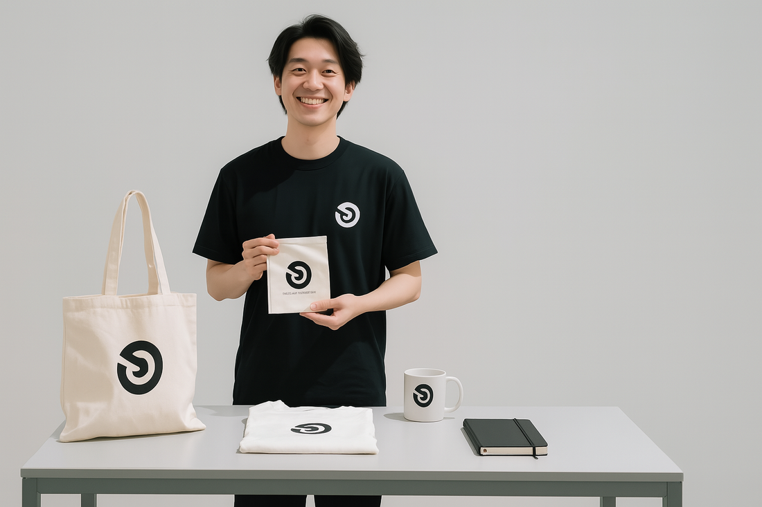 Young small business owner standing in a minimalist studio, smiling while displaying custom-branded merchandise including a tote bag, T-shirt, mug, notebook, and pouch on a clean table.