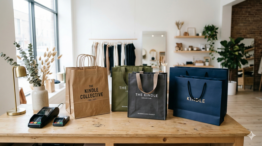 custom printed reusable bags displayed in a modern boutique pop-up