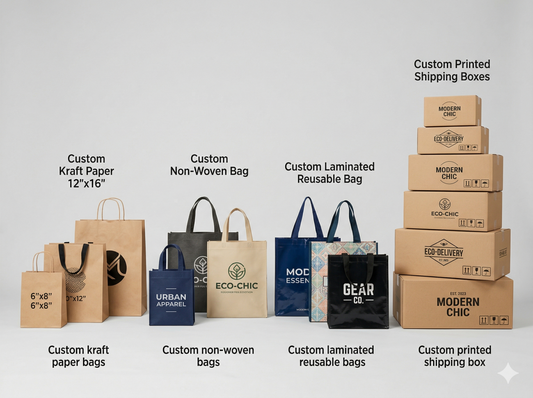 Comparison image of different custom packaging types including bags and boxes on a neutral background