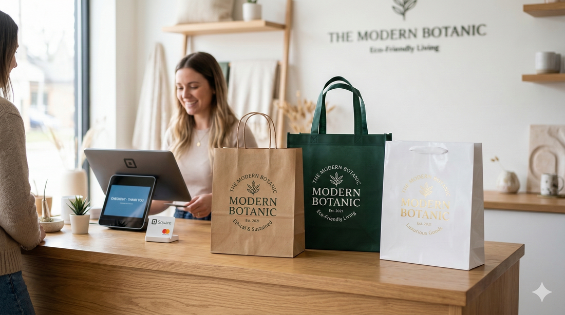 custom printed reusable retail bags displayed in a modern boutique checkout area 