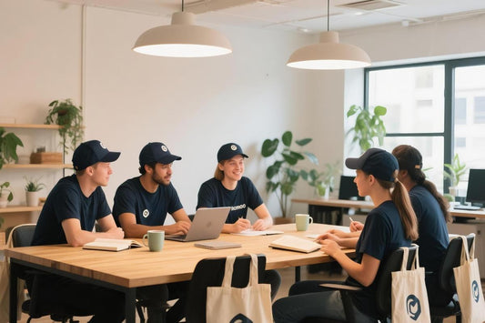 Modern office table displaying custom branded merchandise including tote bags, notebooks, and drinkware, in a clean coworking space with natural light and greenery—ideal for showcasing small business promotional products.