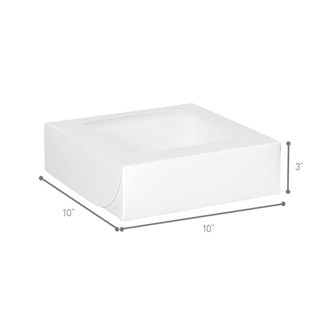 White window bakery box with clear top window, clean and sturdy design, 10 inches by 10 inches by 3 inches, perfect for cakes, pastries, and baked goods
